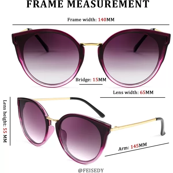 FEISEDY Vintage Polarized Cat Eye Sunglasses for Women Oversized Round Sunglasses Anti Glare B7000Gradual Purple