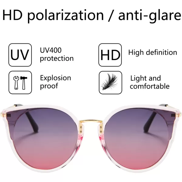 FEISEDY Vintage Polarized Cat Eye Sunglasses for Women Oversized Round Sunglasses Anti Glare B7000Greypink Gradient