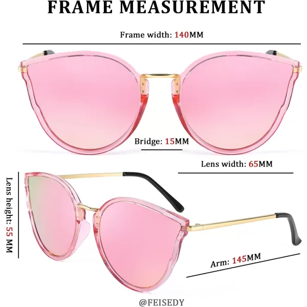 FEISEDY Vintage Polarized Cat Eye Sunglasses for Women Oversized Round Sunglasses Anti Glare B7000Pink Mirrored