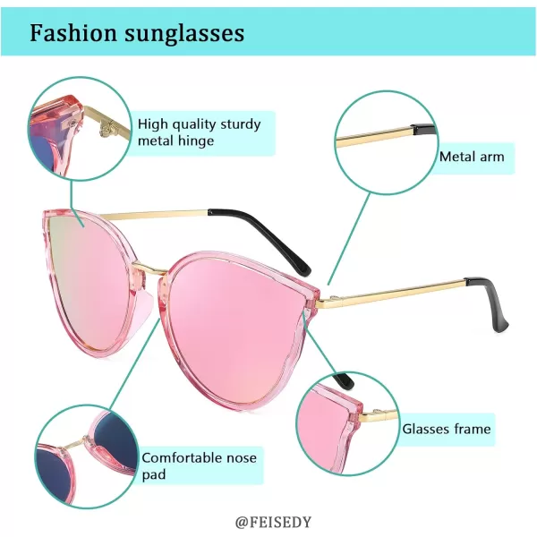 FEISEDY Vintage Polarized Cat Eye Sunglasses for Women Oversized Round Sunglasses Anti Glare B7000Pink Mirrored