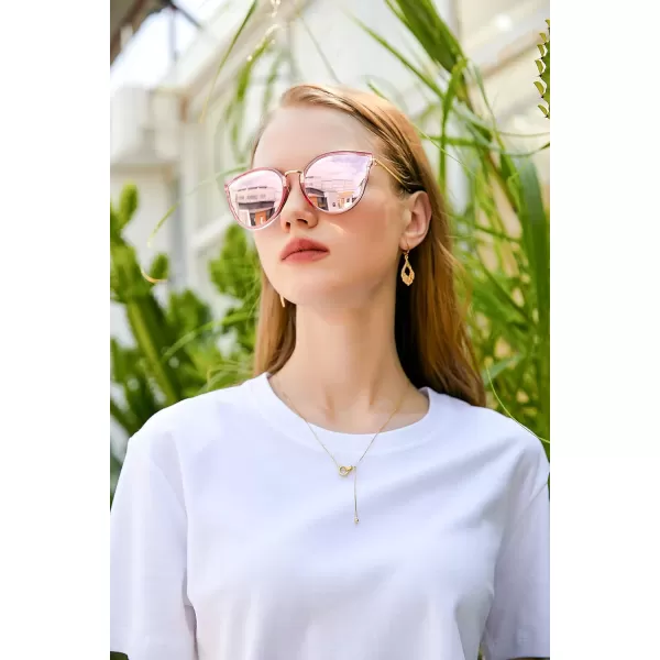 FEISEDY Vintage Polarized Cat Eye Sunglasses for Women Oversized Round Sunglasses Anti Glare B7000Pink Mirrored