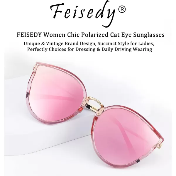 FEISEDY Vintage Polarized Cat Eye Sunglasses for Women Oversized Round Sunglasses Anti Glare B7000Pink Mirrored
