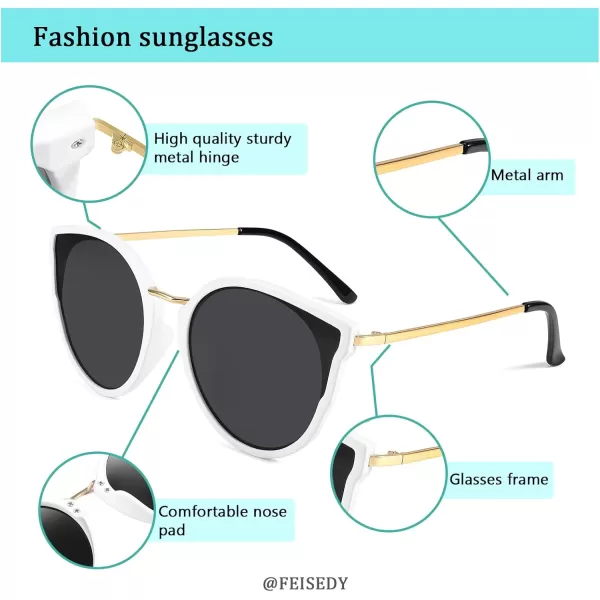 FEISEDY Vintage Polarized Cat Eye Sunglasses for Women Oversized Round Sunglasses Anti Glare B7000White