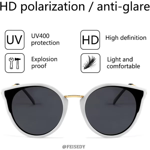 FEISEDY Vintage Polarized Cat Eye Sunglasses for Women Oversized Round Sunglasses Anti Glare B7000White