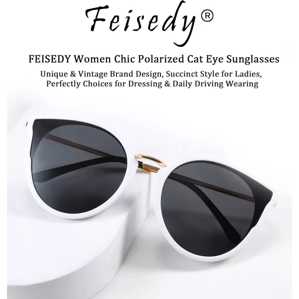 FEISEDY Vintage Polarized Cat Eye Sunglasses for Women Oversized Round Sunglasses Anti Glare B7000White