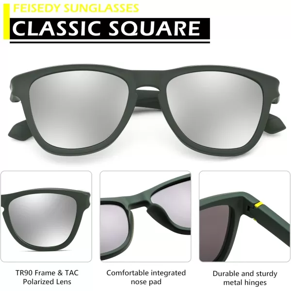 FEISEDY Vintage Polarized Sunglasses for Women Men Classic Square Trendy TR Frame Designer Shades B0176Green  Sliver