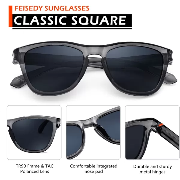FEISEDY Vintage Polarized Sunglasses for Women Men Classic Square Trendy TR Frame Designer Shades B0176Transparent Grey  Blue
