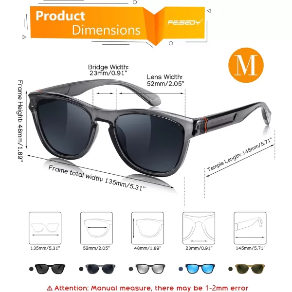 FEISEDY Vintage Polarized Sunglasses for Women Men Classic Square Trendy TR Frame Designer Shades B0176Transparent Grey  Blue