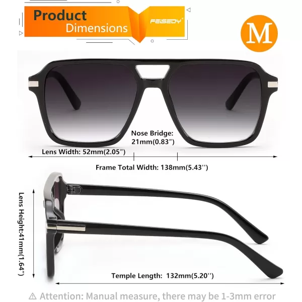 FEISEDY Vintage Square Aviator Sunglasses Women Men Fashion Retro 70s Frame Sun Glasses Shades B0179Black  Gradual Grey