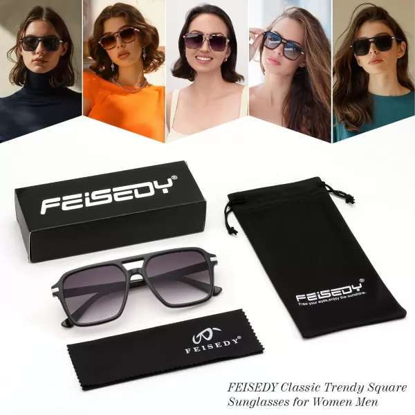 FEISEDY Vintage Square Aviator Sunglasses Women Men Fashion Retro 70s Frame Sun Glasses Shades B0179Black  Gradual Grey