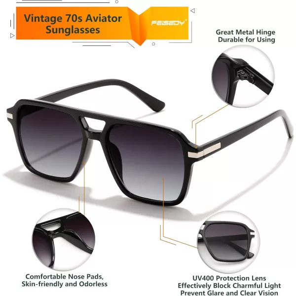 FEISEDY Vintage Square Aviator Sunglasses Women Men Fashion Retro 70s Frame Sun Glasses Shades B0179Black  Gradual Grey