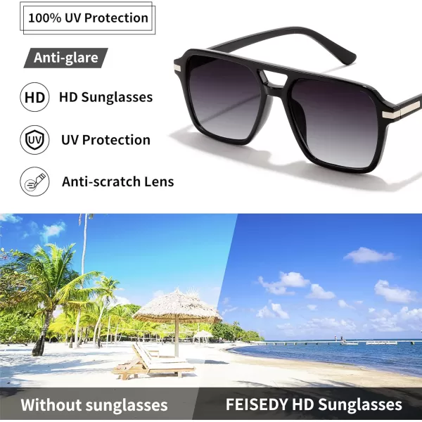 FEISEDY Vintage Square Aviator Sunglasses Women Men Fashion Retro 70s Frame Sun Glasses Shades B0179Black  Gradual Grey