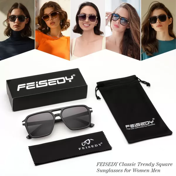 FEISEDY Vintage Square Aviator Sunglasses Women Men Fashion Retro 70s Frame Sun Glasses Shades B0179Black  Grey
