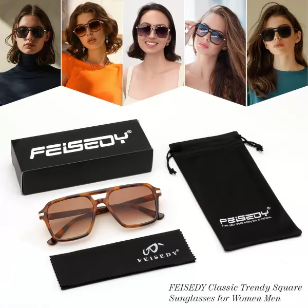 FEISEDY Vintage Square Aviator Sunglasses Women Men Fashion Retro 70s Frame Sun Glasses Shades B0179Tortoise  Gradual Tea