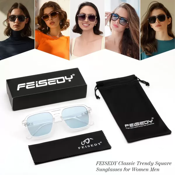 FEISEDY Vintage Square Aviator Sunglasses Women Men Fashion Retro 70s Frame Sun Glasses Shades B0179Transparent  Blue