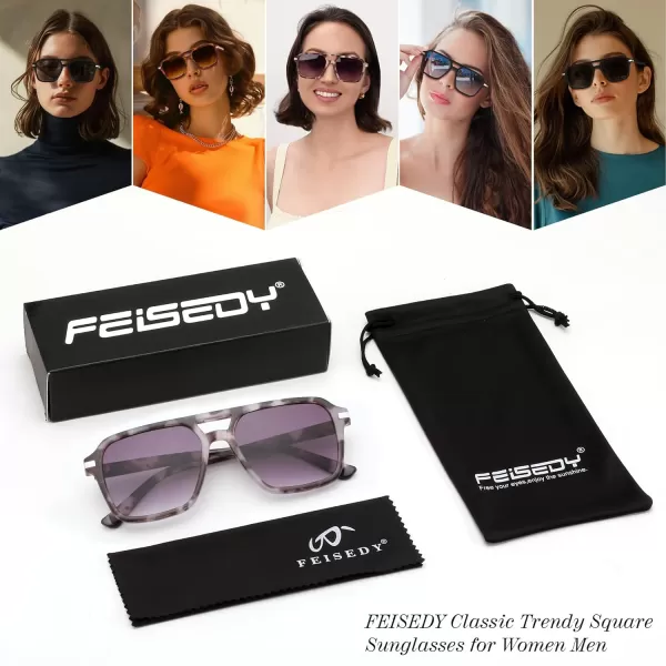 FEISEDY Vintage Square Aviator Sunglasses Women Men Fashion Retro 70s Frame Sun Glasses Shades B0179White Tortoise  Gradual Grey