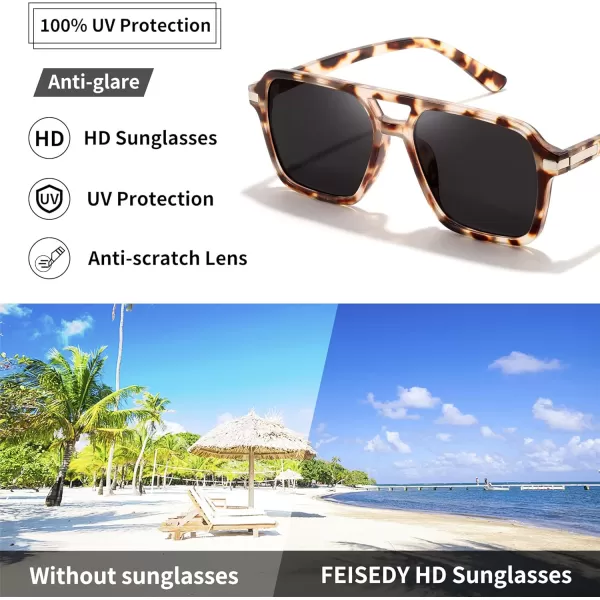 FEISEDY Vintage Square Aviator Sunglasses Women Men Fashion Retro 70s Frame Sun Glasses Shades B0179Yellow Leopard  Grey