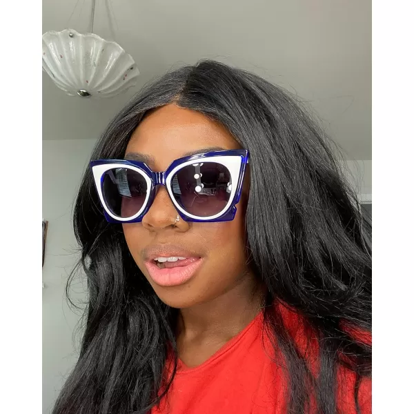 FEISEDY Vintage Square Cat Eye Sunglasses Women Trendy Metal ZigZag Temple Cateye Sun Glasses B9055BlueWhite