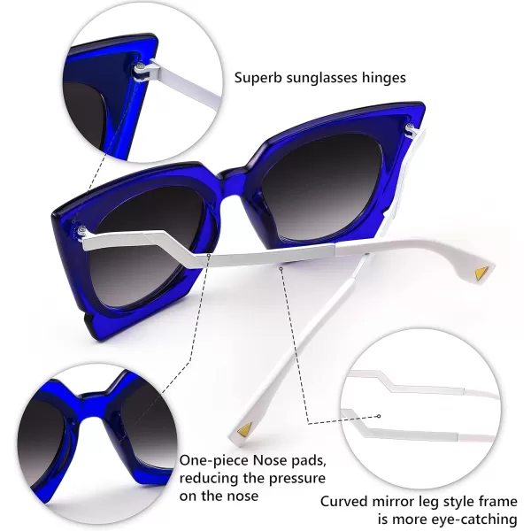 FEISEDY Vintage Square Cat Eye Sunglasses Women Trendy Metal ZigZag Temple Cateye Sun Glasses B9055BlueWhite
