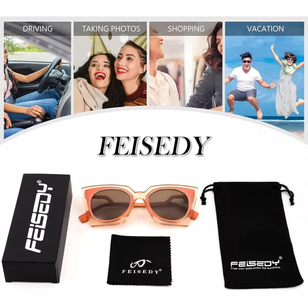 FEISEDY Vintage Square Cat Eye Sunglasses Women Trendy Metal ZigZag Temple Cateye Sun Glasses B9055Transparent Orange