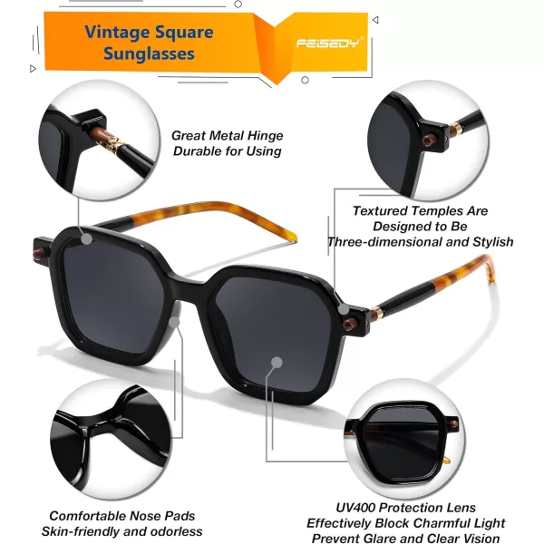 FEISEDY Vintage Square Sunglasses Men Women Classic Retro Trendy Large Frame UV400 Sun Glasses B0154001 Black