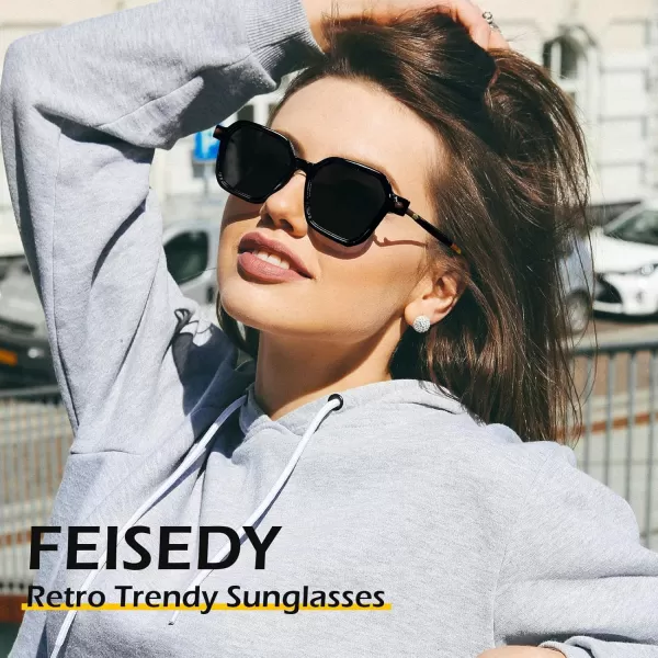 FEISEDY Vintage Square Sunglasses Men Women Classic Retro Trendy Large Frame UV400 Sun Glasses B0154001 Black