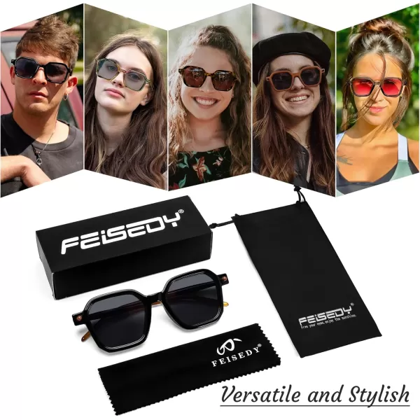 FEISEDY Vintage Square Sunglasses Men Women Classic Retro Trendy Large Frame UV400 Sun Glasses B0154001 Black