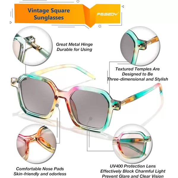 FEISEDY Vintage Square Sunglasses Men Women Classic Retro Trendy Large Frame UV400 Sun Glasses B0154002 Rainbow  Light Grey