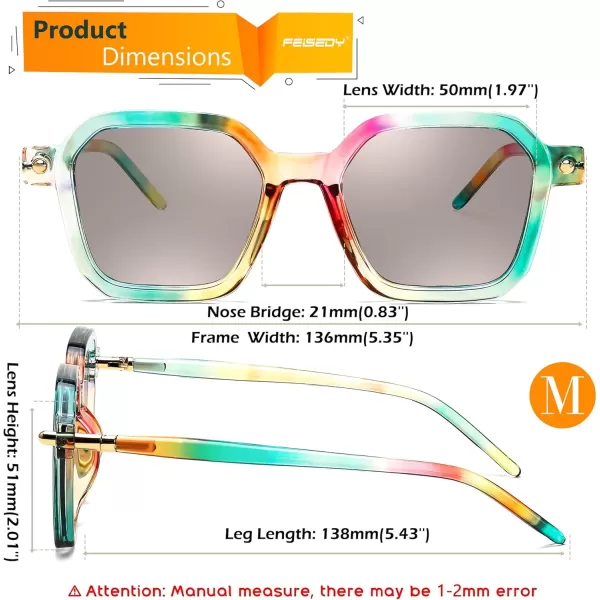 FEISEDY Vintage Square Sunglasses Men Women Classic Retro Trendy Large Frame UV400 Sun Glasses B0154002 Rainbow  Light Grey