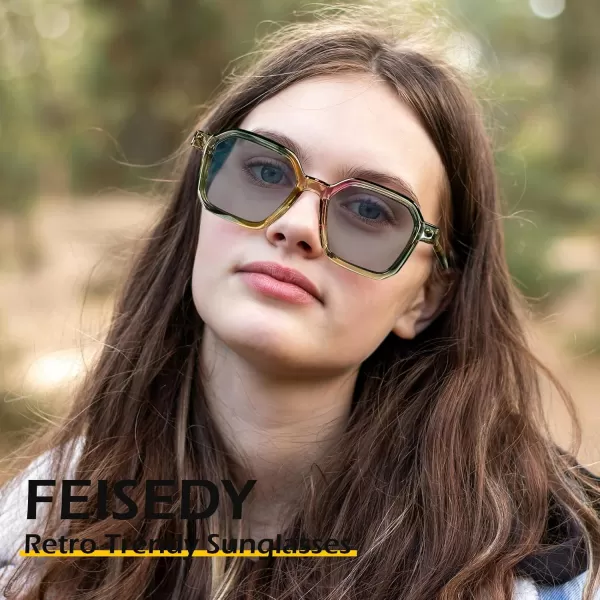 FEISEDY Vintage Square Sunglasses Men Women Classic Retro Trendy Large Frame UV400 Sun Glasses B0154002 Rainbow  Light Grey