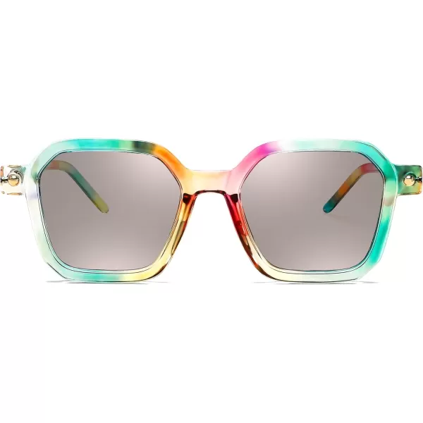 FEISEDY Vintage Square Sunglasses Men Women Classic Retro Trendy Large Frame UV400 Sun Glasses B0154002 Rainbow  Light Grey