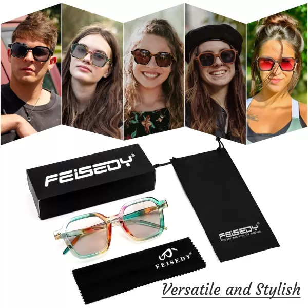 FEISEDY Vintage Square Sunglasses Men Women Classic Retro Trendy Large Frame UV400 Sun Glasses B0154002 Rainbow  Light Grey