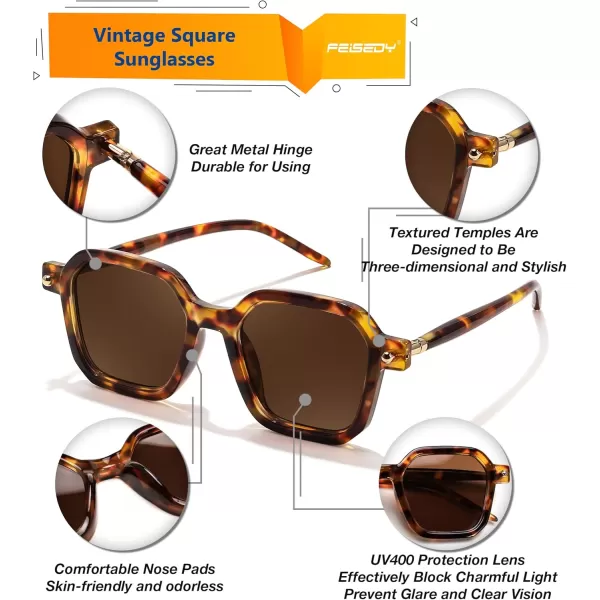 FEISEDY Vintage Square Sunglasses Men Women Classic Retro Trendy Large Frame UV400 Sun Glasses B0154003 Leopard  Tea