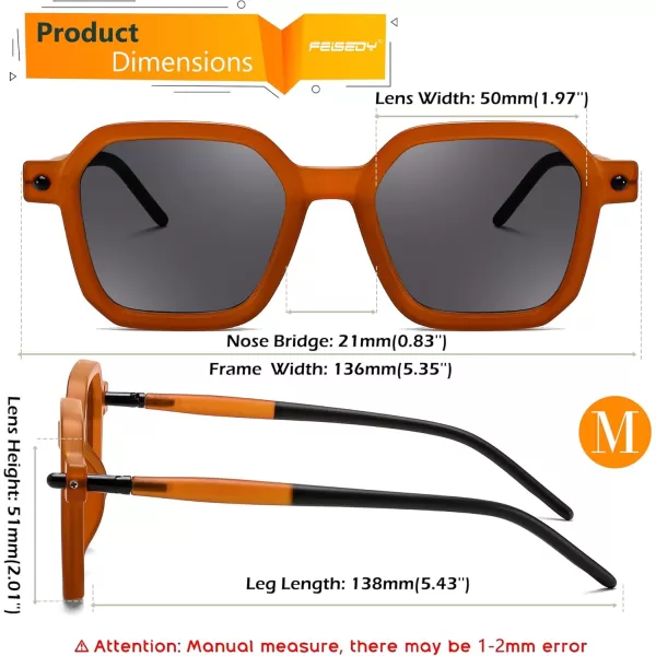 FEISEDY Vintage Square Sunglasses Men Women Classic Retro Trendy Large Frame UV400 Sun Glasses B0154004 Transparent Orange  Light Grey