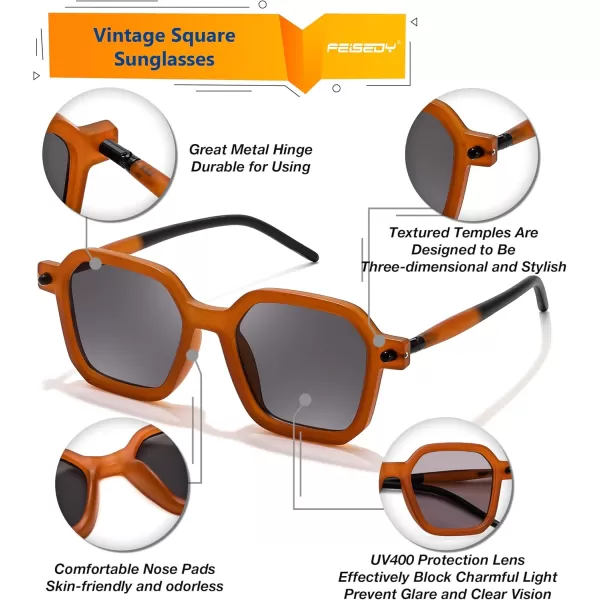 FEISEDY Vintage Square Sunglasses Men Women Classic Retro Trendy Large Frame UV400 Sun Glasses B0154004 Transparent Orange  Light Grey