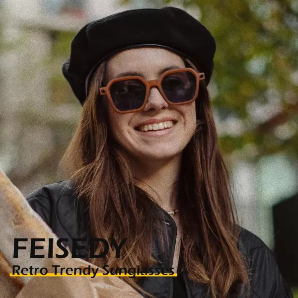 FEISEDY Vintage Square Sunglasses Men Women Classic Retro Trendy Large Frame UV400 Sun Glasses B0154004 Transparent Orange  Light Grey