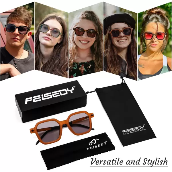 FEISEDY Vintage Square Sunglasses Men Women Classic Retro Trendy Large Frame UV400 Sun Glasses B0154004 Transparent Orange  Light Grey