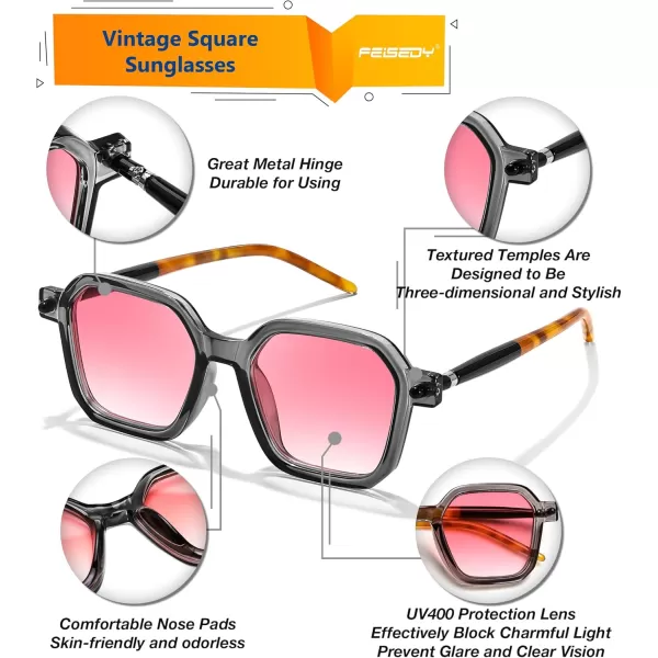 FEISEDY Vintage Square Sunglasses Men Women Classic Retro Trendy Large Frame UV400 Sun Glasses B0154005 Transparent Grey  Gradual Pink
