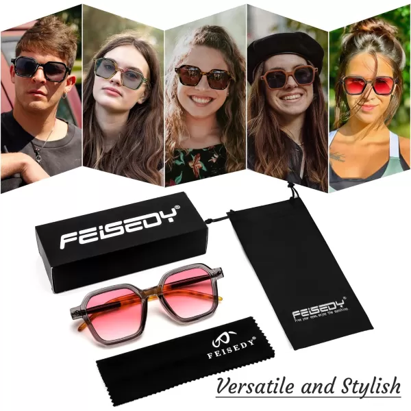 FEISEDY Vintage Square Sunglasses Men Women Classic Retro Trendy Large Frame UV400 Sun Glasses B0154005 Transparent Grey  Gradual Pink