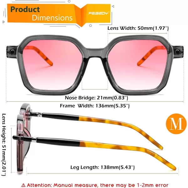 FEISEDY Vintage Square Sunglasses Men Women Classic Retro Trendy Large Frame UV400 Sun Glasses B0154005 Transparent Grey  Gradual Pink
