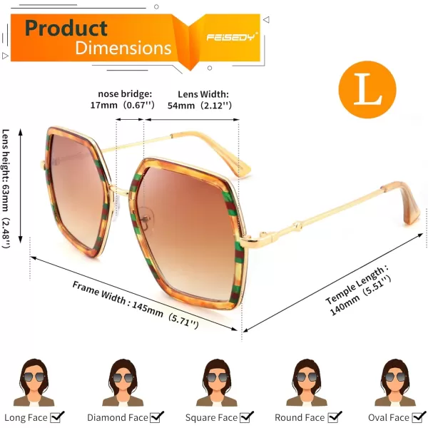 FEISEDY Women Large Hexagon Inspired Sunglasses Fashion Irregular Design Style Geometric B2503Amber With Red Green Stripes