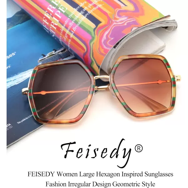 FEISEDY Women Large Hexagon Inspired Sunglasses Fashion Irregular Design Style Geometric B2503Amber With Red Green Stripes