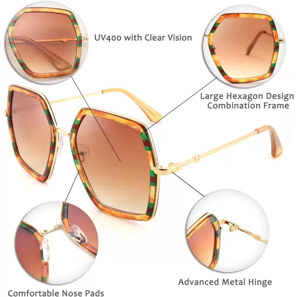 FEISEDY Women Large Hexagon Inspired Sunglasses Fashion Irregular Design Style Geometric B2503Amber With Red Green Stripes
