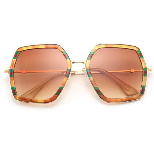FEISEDY Women Large Hexagon Inspired Sunglasses Fashion Irregular Design Style Geometric B2503Amber With Red Green Stripes