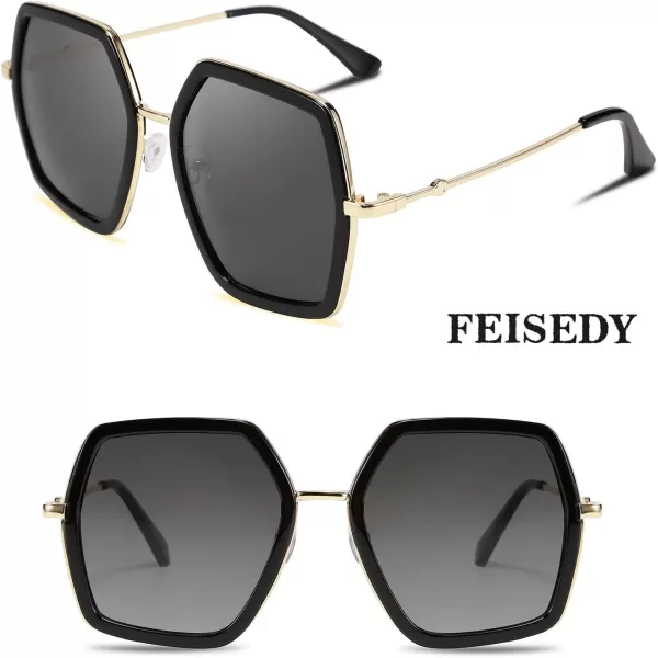 FEISEDY Women Large Hexagon Inspired Sunglasses Fashion Irregular Design Style Geometric B2503Black