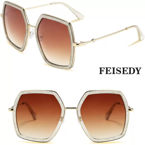FEISEDY Women Large Hexagon Inspired Sunglasses Fashion Irregular Design Style Geometric B2503Champagne