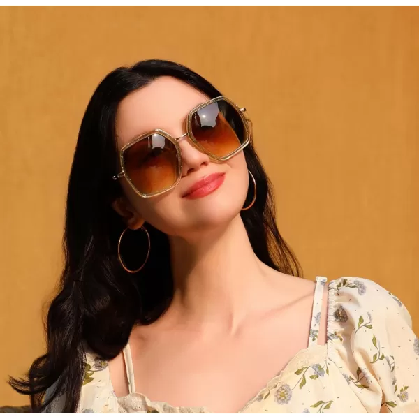 FEISEDY Women Large Hexagon Inspired Sunglasses Fashion Irregular Design Style Geometric B2503Champagne