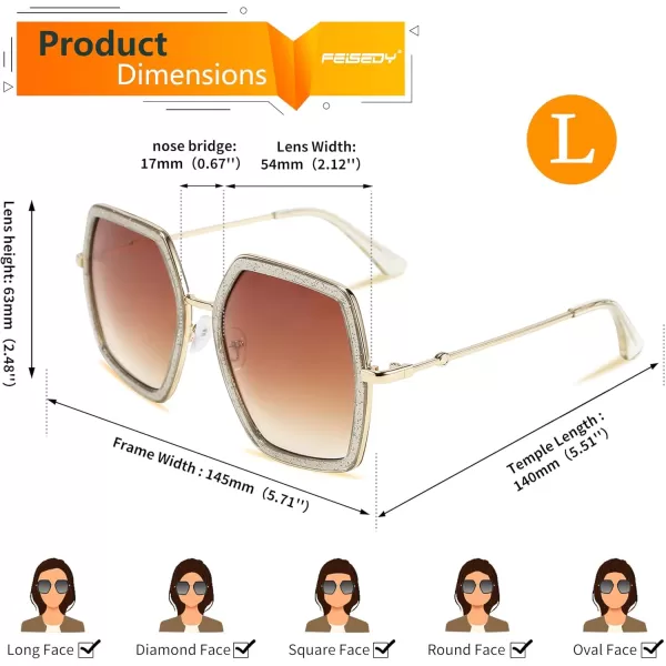 FEISEDY Women Large Hexagon Inspired Sunglasses Fashion Irregular Design Style Geometric B2503Champagne