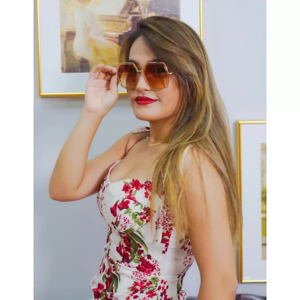 FEISEDY Women Large Hexagon Inspired Sunglasses Fashion Irregular Design Style Geometric B2503Champagne