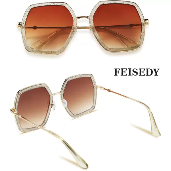 FEISEDY Women Large Hexagon Inspired Sunglasses Fashion Irregular Design Style Geometric B2503Champagne